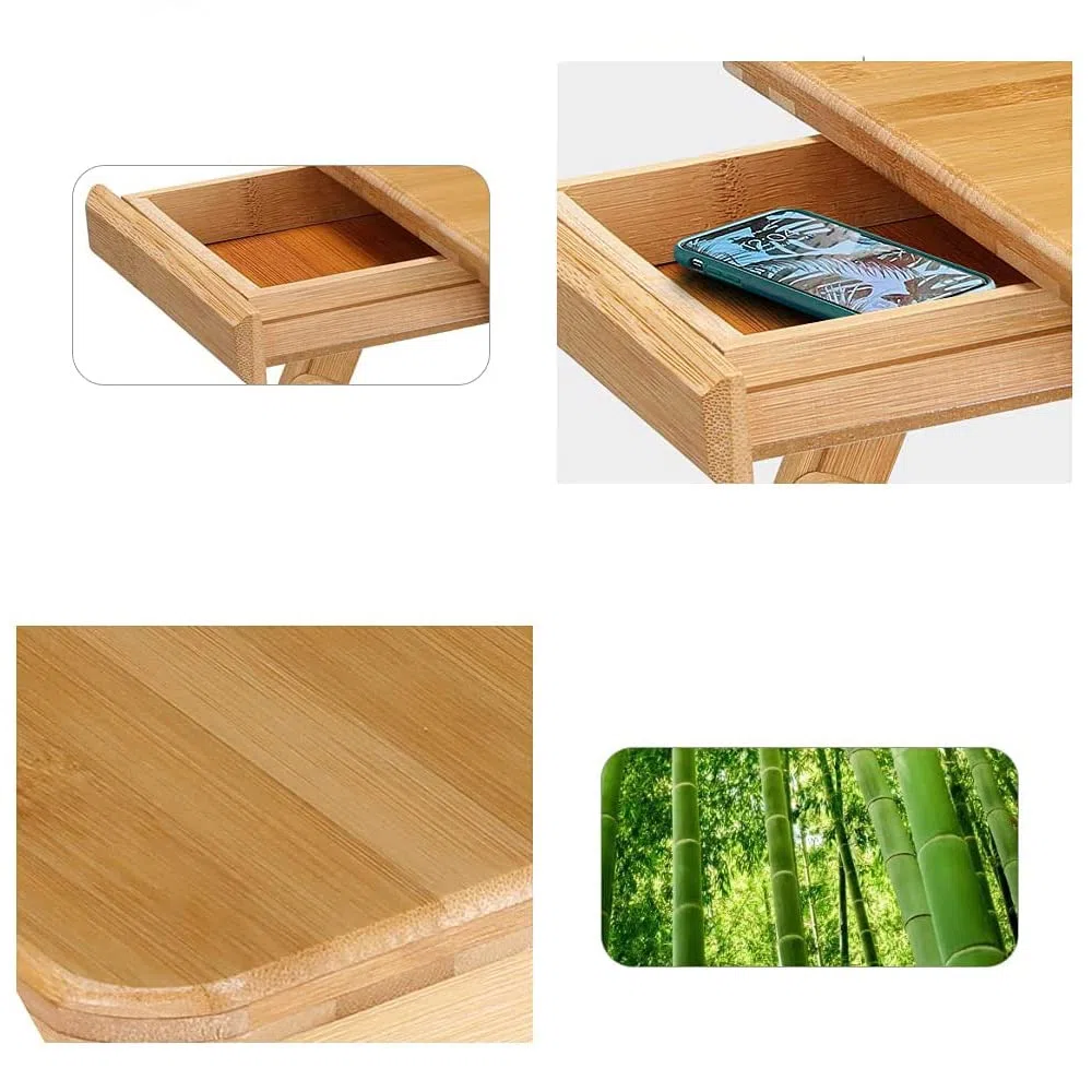 Plateau Réglable pour Ordinateur Portable Lapdesk en Bambou, Table Pliante Portable avec Tiroir et Trous de Refroidissement, Canapé-Lit Plateau de Repas de Travail 66 * 30 * 35 cm-Couleur Bois
