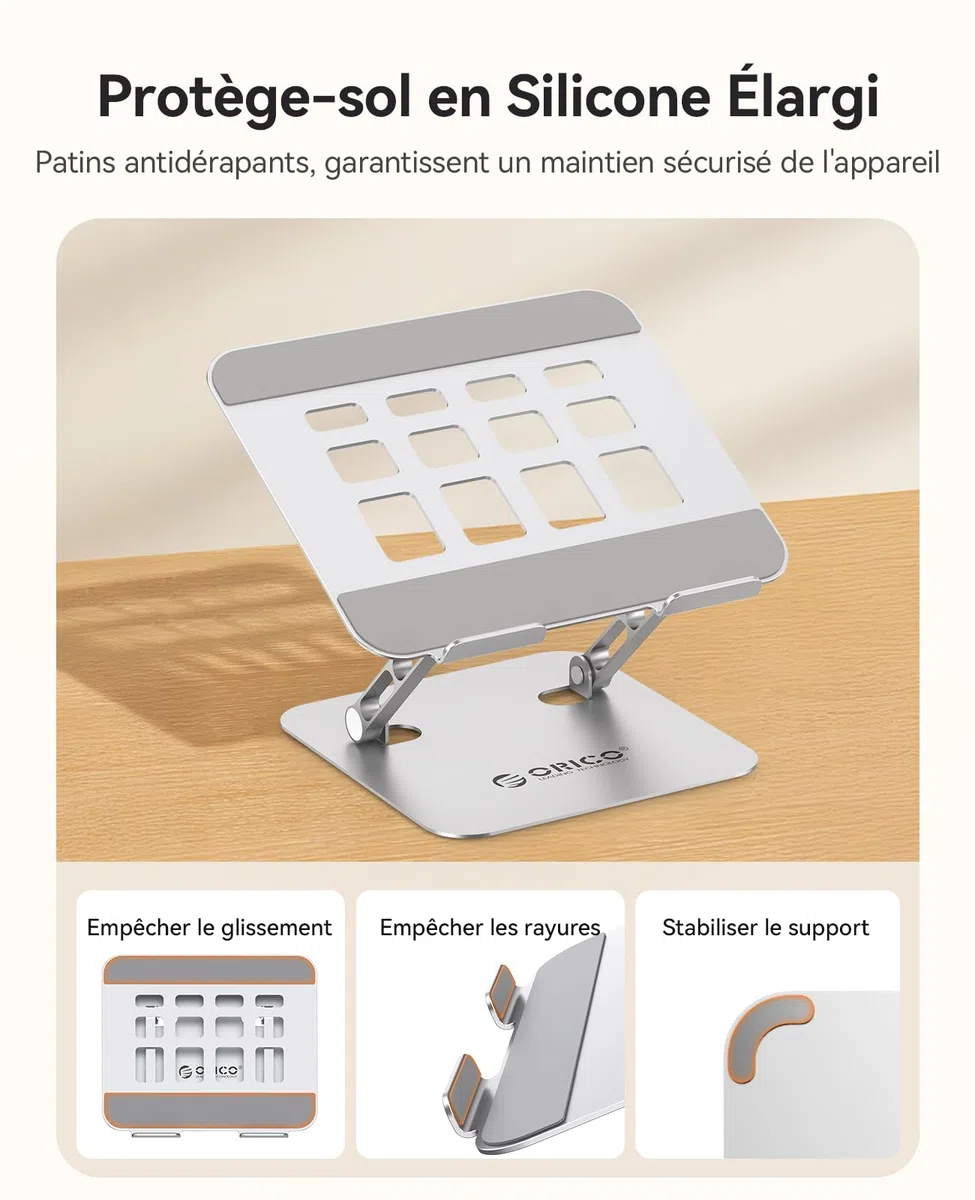 ORICO Support Ordinateur Portable Réglable en Hauteur, Support PC Portable Pliable en Aluminium, Support Ergonomique Ventilé pour Bureau, Compatible MacBook Air/Pro et Laptops 10-17"- ST11, Argent