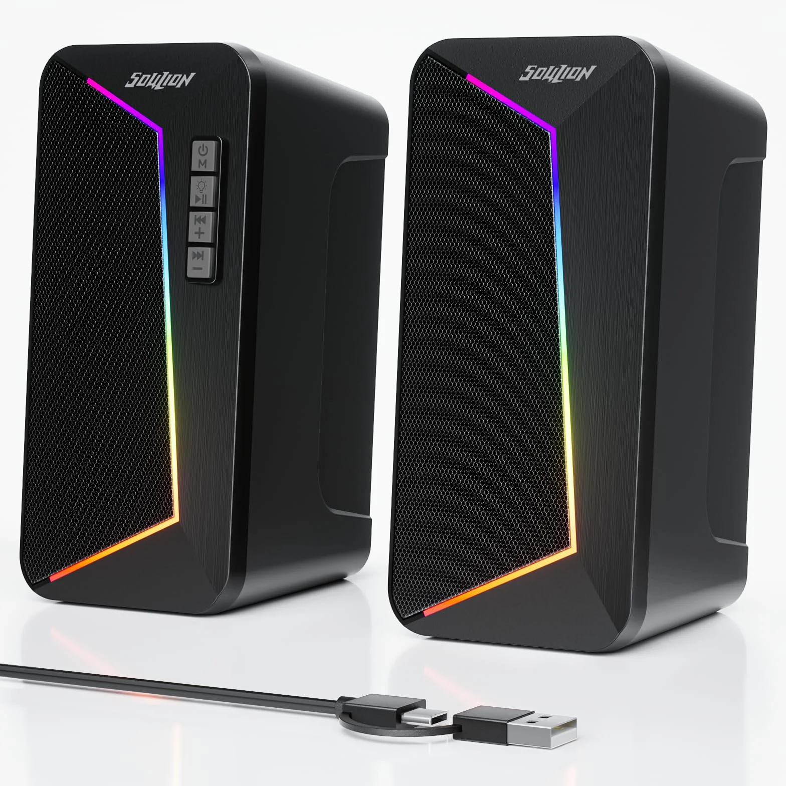 SOULION R40 Enceintes PC, Haut-parleurs alimentées par USB-C/USB avec contrôle du volume, éclairage LED, enceintes d'ordinateur avec mode USB/Bluetooth pour smartphones, ordinateurs portables, 1 paire