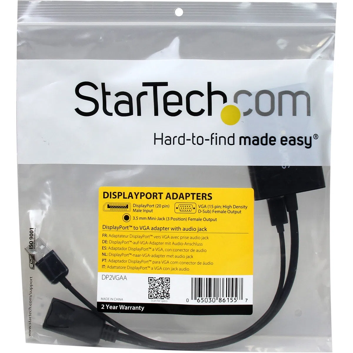 StarTech.com Adaptateur vidéo DisplayPort vers VGA avec audio - Convertisseur DP vers HD15 - M/F - 1920x1200 / 1080p - Noir (DP2VGAA)