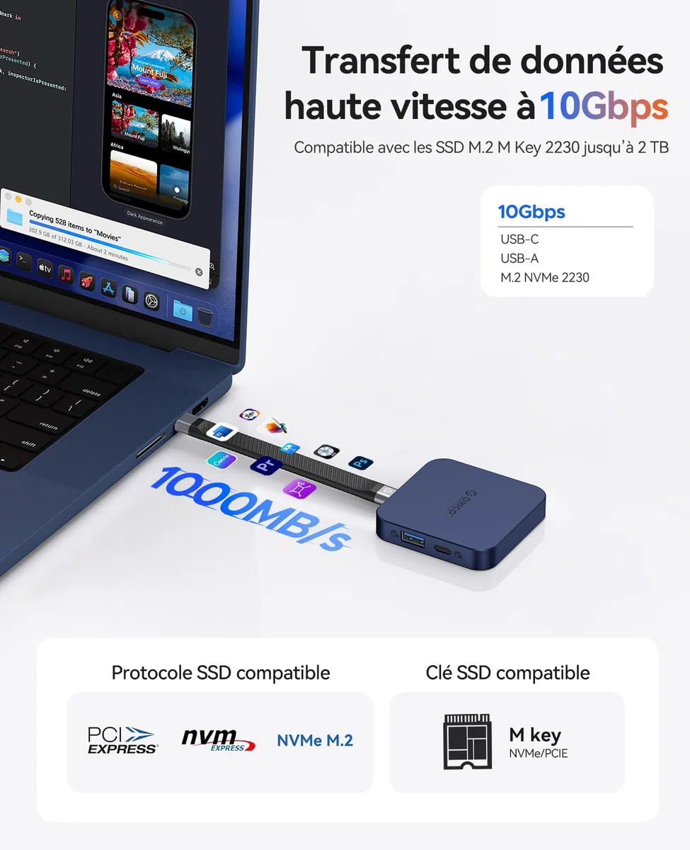 ORICO Station d'Accueil Magnétique USB C avec Boîtier SSD M.2 NVMe, Docking Station 6 en 1 avec HDMI 4K@60 Hz,PD 100 W, USB-A 10 Gbps, SD/TF, Audio. USB C Hub DockingStation pour iPhone/Dell HP Lenovo