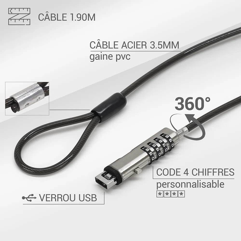 Waytex Câble Antivol PC à Code pour Prise USB, Câble de Sécurité Verrouillable pour Ordinateur Portable, PC, Mac sans Slot de sécurité - Longueur 1,90m