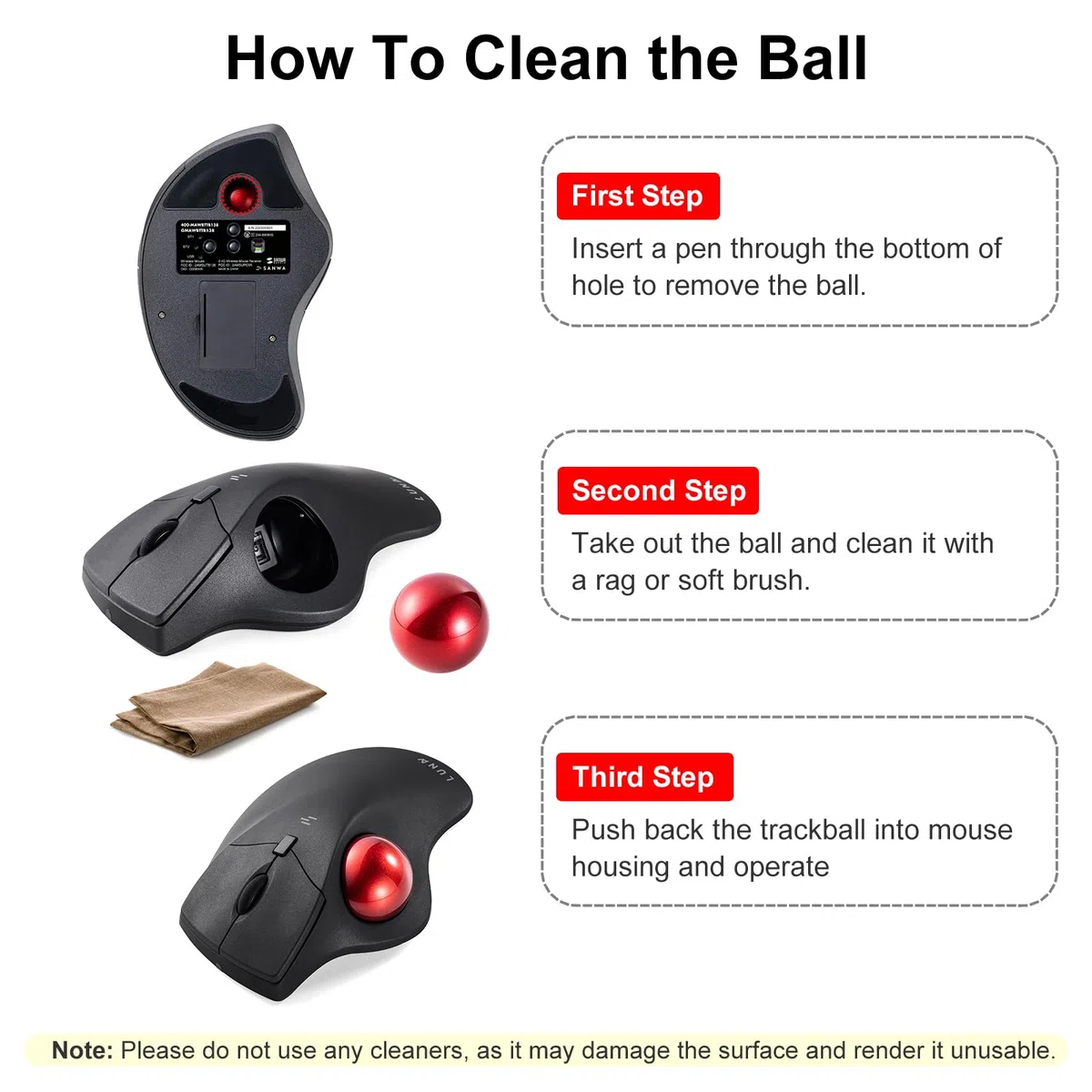 SANWA Trackball 34mm/1.34in, Bille de Remplacement pour Logitech M575, M570, MX Ergo, Perixx, Kensington et Autres Souris Trackball Compatibles, Noir Brillant