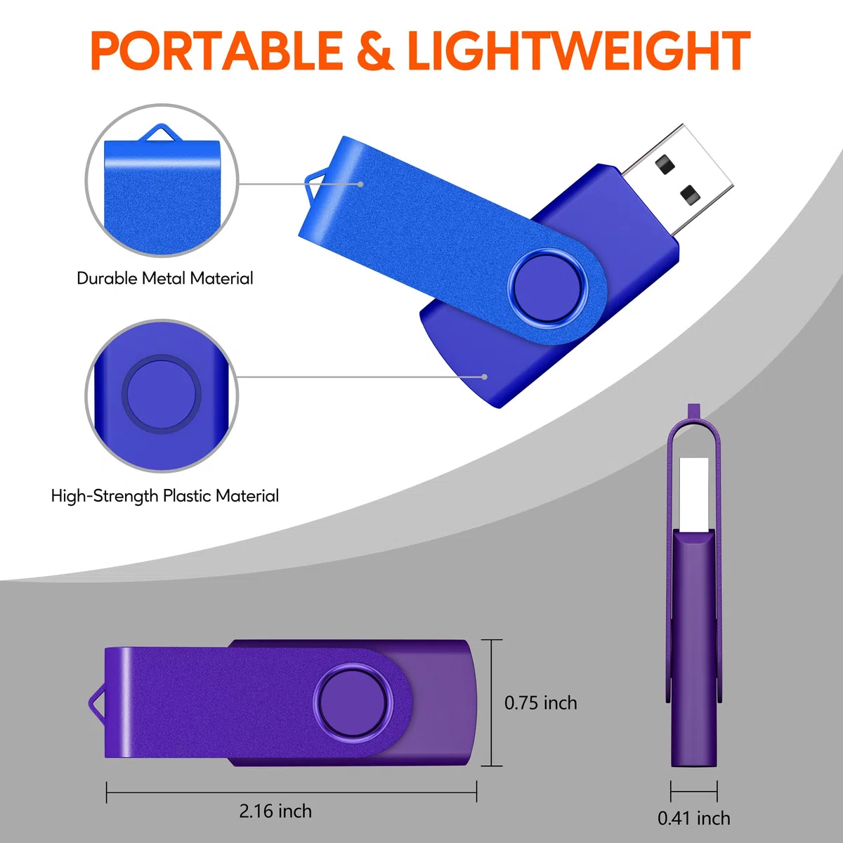 Lot de 2 Clé USB Pivotantes 64Go USB 2.0 Flash Drive Stockage Rotation Disque Mémoire Stick USB U Disque avec Lumière LED, 2 Cordes, Bleu/Violet