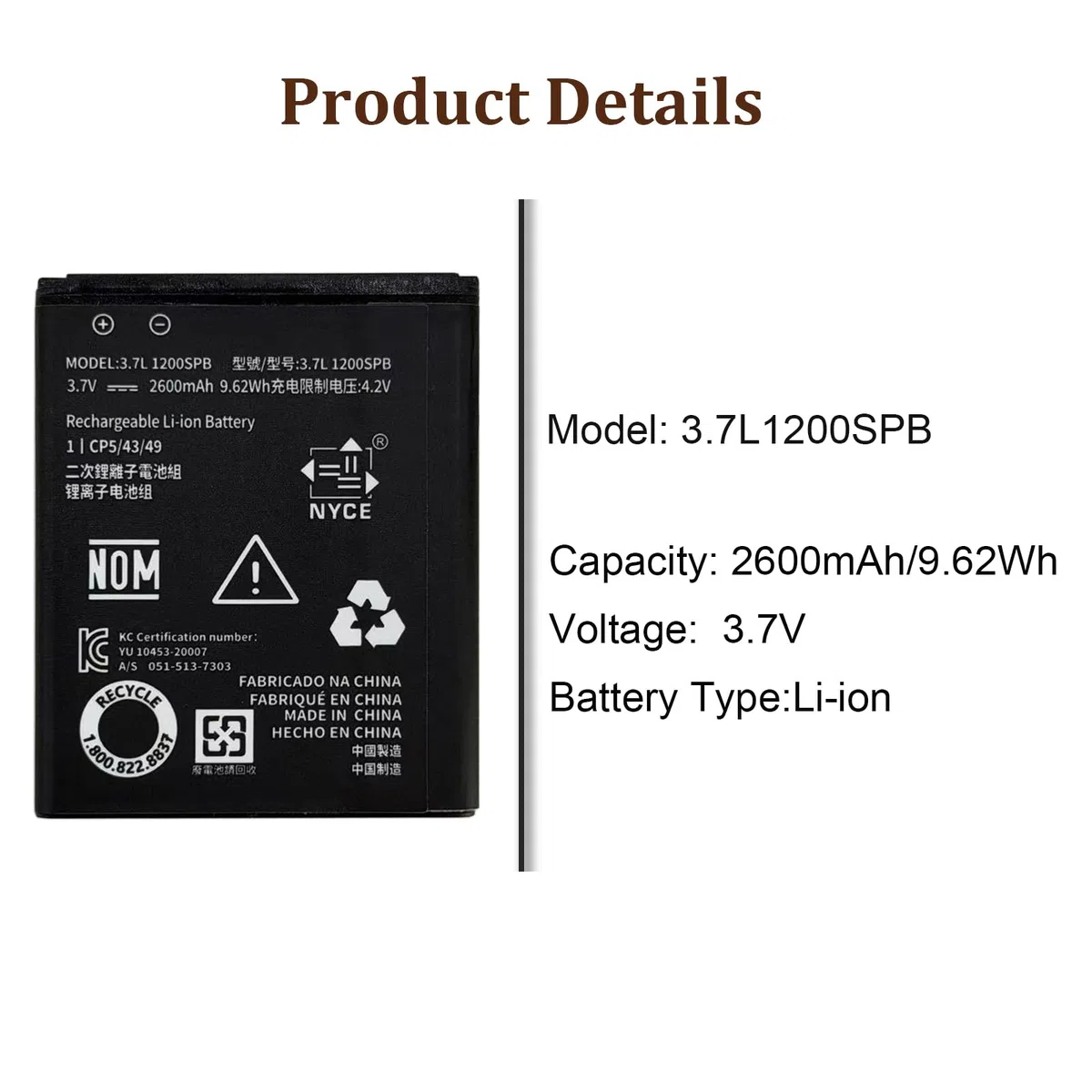 Batterie de rechange haute capacité 2600 mAh 3,7 L1200SPB 3,7L1200SPA compatible avec Texas Instruments TI-84 Plus CE, TI Nspire CX II, TI Nspire CX CAS II, P11P35-11-N01
