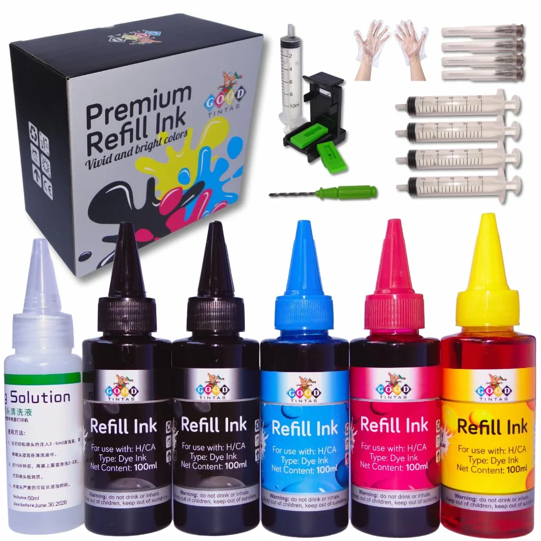 Kit de recharge d'encre compatible pour cartouches d'encre HP 307XL 305XL 304XL 303XL 302XL 301XL 300 301 302 303 304 305 21 22 62 Comprend 500 ml Encres+ Accessoires+ 50 ml Nettoyer les