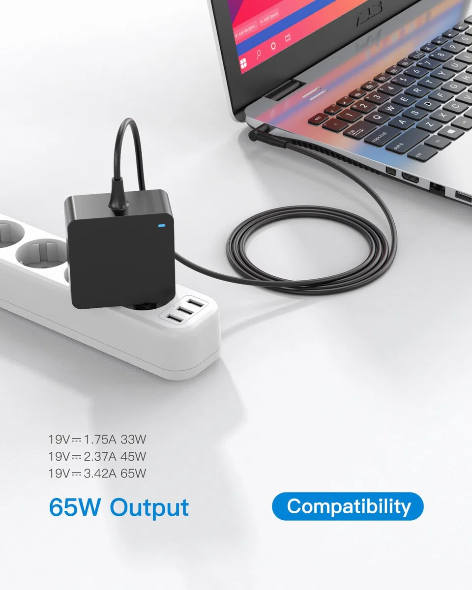 Superer Chargeur Compatible avec ASUS Ordinateur Portable, pour Vivobook, Zenbook, Expertbook, Chromebook Séries - Voyant de Marche, Câble d'alimentation Long, Connecteur Rond, 65 W/45 W/33 W