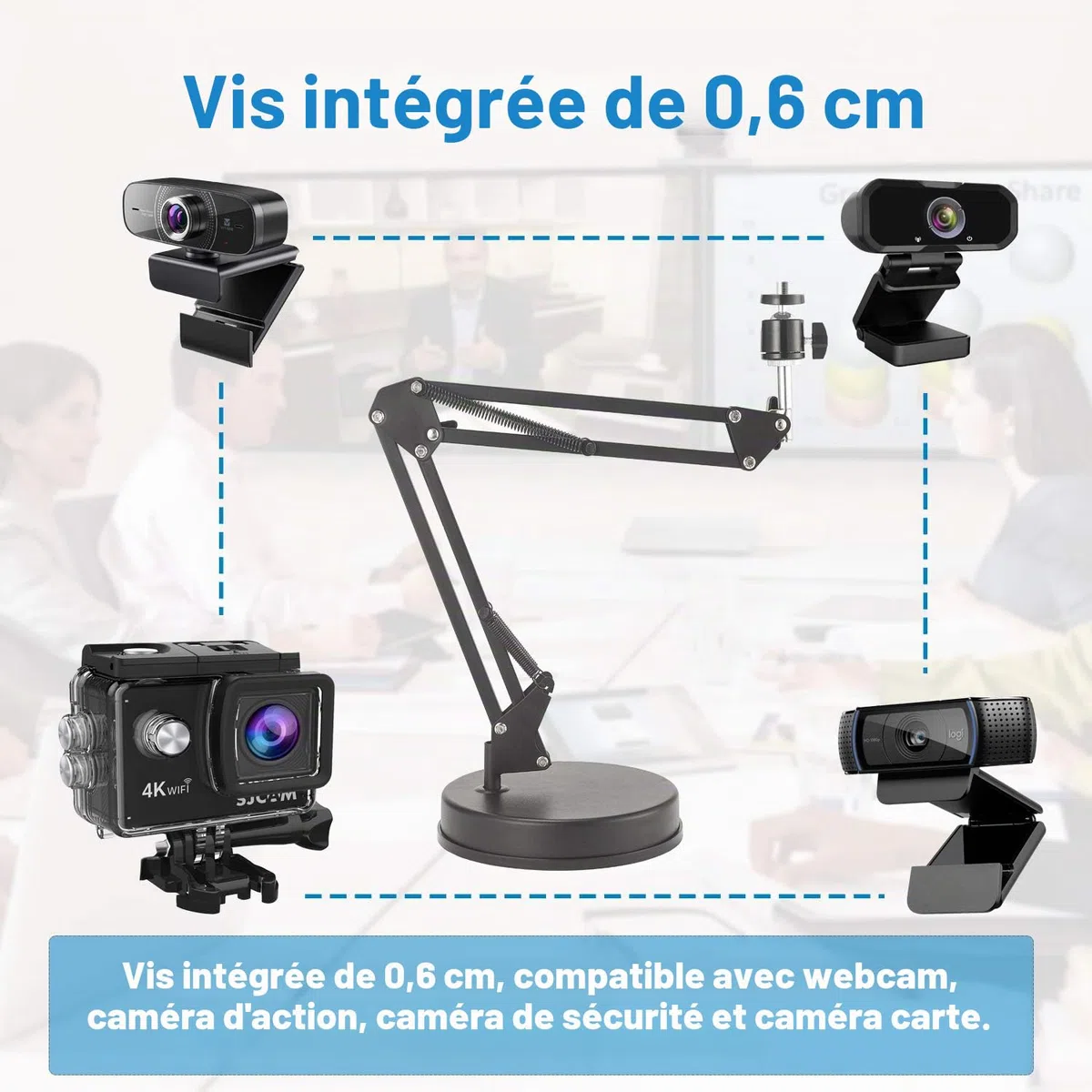 Support de Webcam, Support de Bras de 22 Pouces avec Base, Compatible avec la Webcam C925e C922x C922 C930e C930 C920 C615, Hero 8/7/6/5, Ultra/Pro/Pro 2 / Pro 3/Brio 4K
