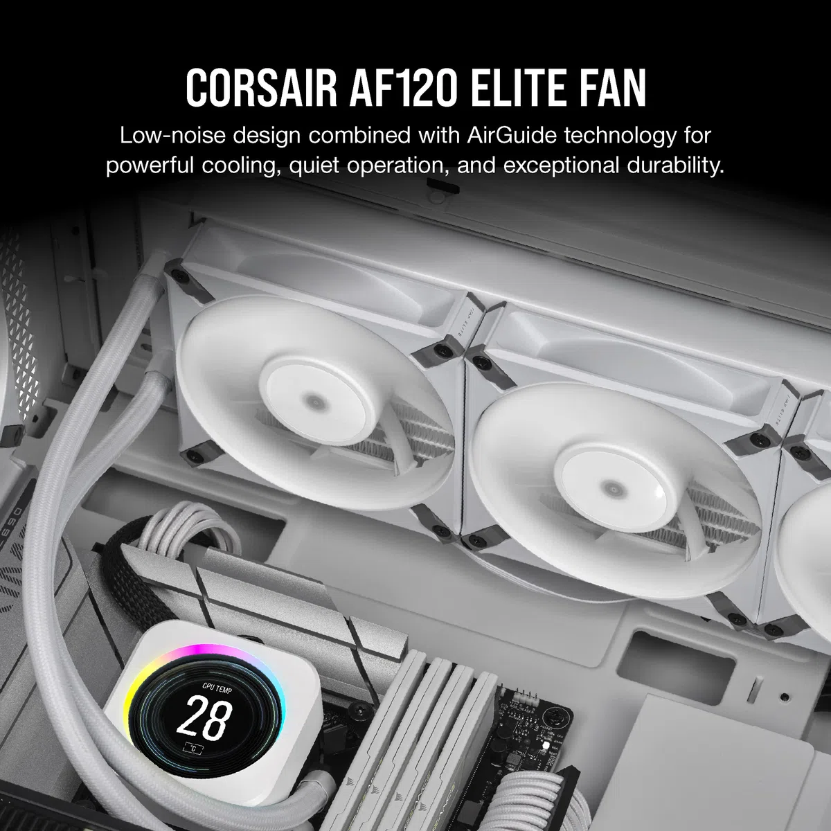 Corsair iCUE AF120 RGB ELITE 120mm PWM Kit de Trois Ventilateurs - Huit LED RGB Par Ventilateur - Technologie AirGuide - Palier Fluid Dynamic - Contrôleur iCUE Lighting Node CORE Inclus - Noir