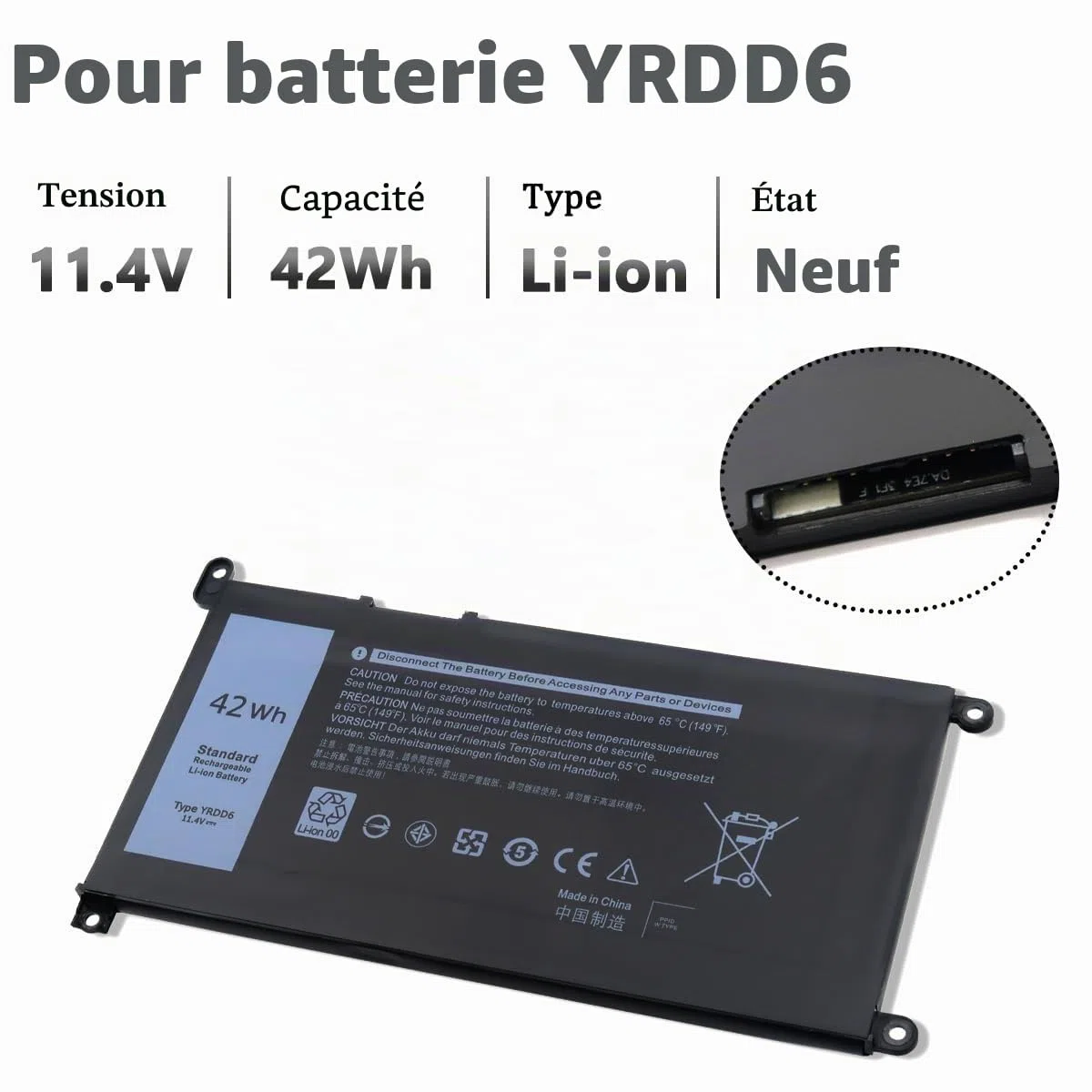 42Wh YRDD6 1VX1H Batterie pour Dell Inspiron 3583 3593 3501 5584 5593 3793 5482 5485 3582 3584 5582 5594 5598 5585 5590 3493 5493 5481 5493 7586 5491 2-in-1 Vostro 5490 5590 3491 Latitude 3310
