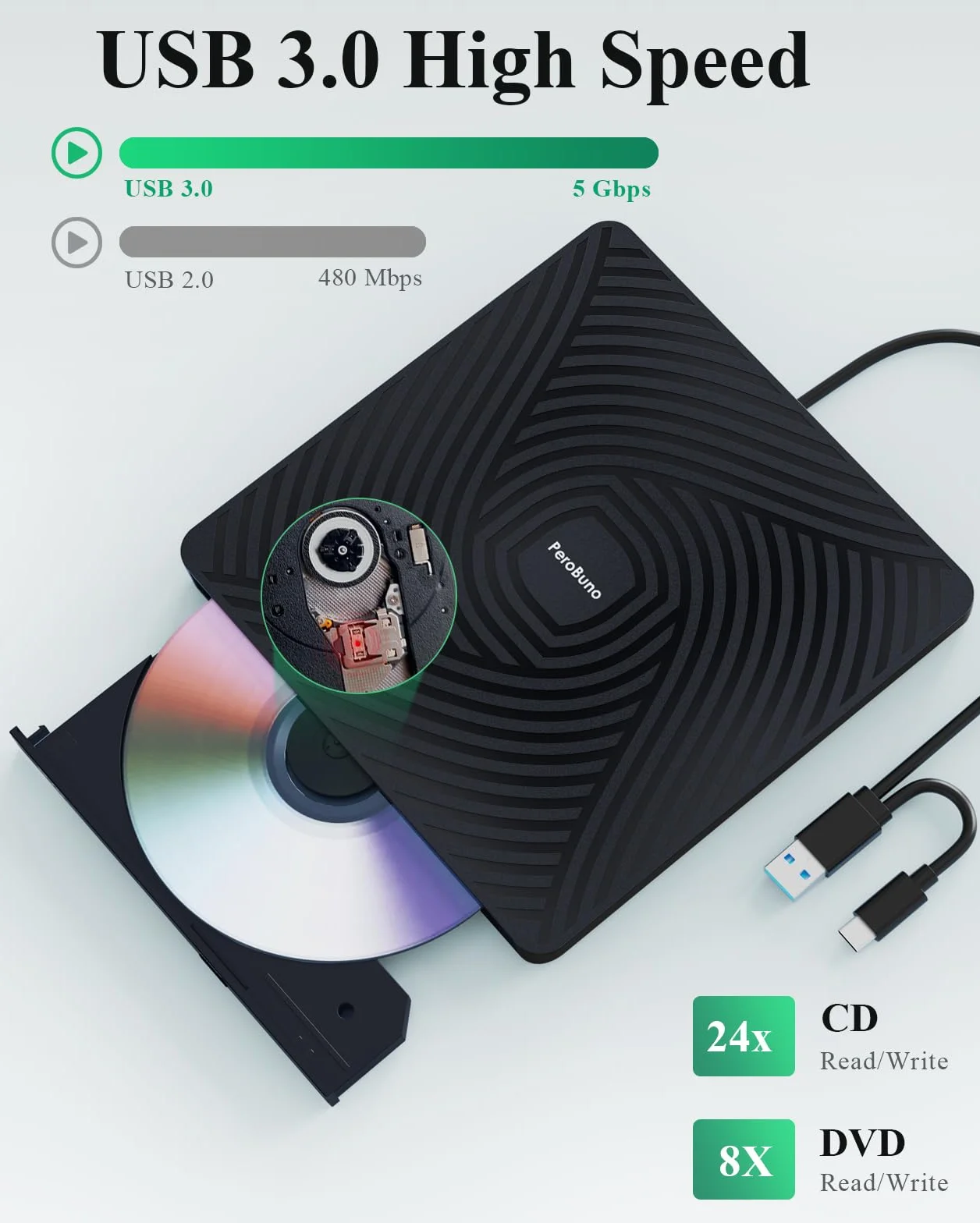 PeroBuno Lecteur CD DVD Externe pour PC, USB 3.0 et Type-C Graveur DVD Externe, Lecteur DVD ROM Externe Portable Ultra-Mince de 0,5 Pouce pour Laptop, Macbook PC Windows 11/10/8/7 Linux Mac OS