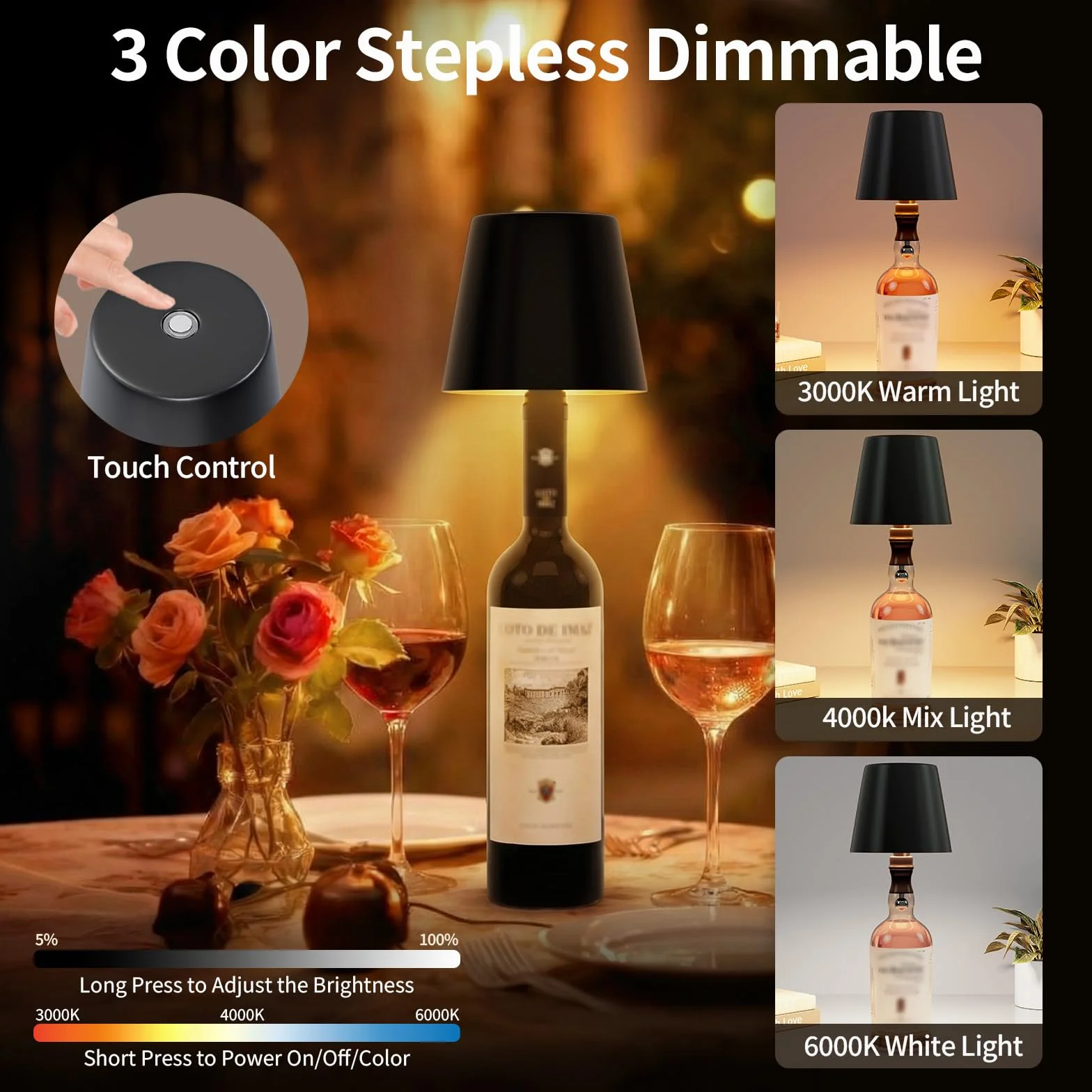Lot de 2 lampes LED en bouteille - Lampe de table sans fil pour l'intérieur et l'extérieur - 3 couleurs de lumière - Intensité variable tactile en continu - Étanchéité IP54 - Boîtier