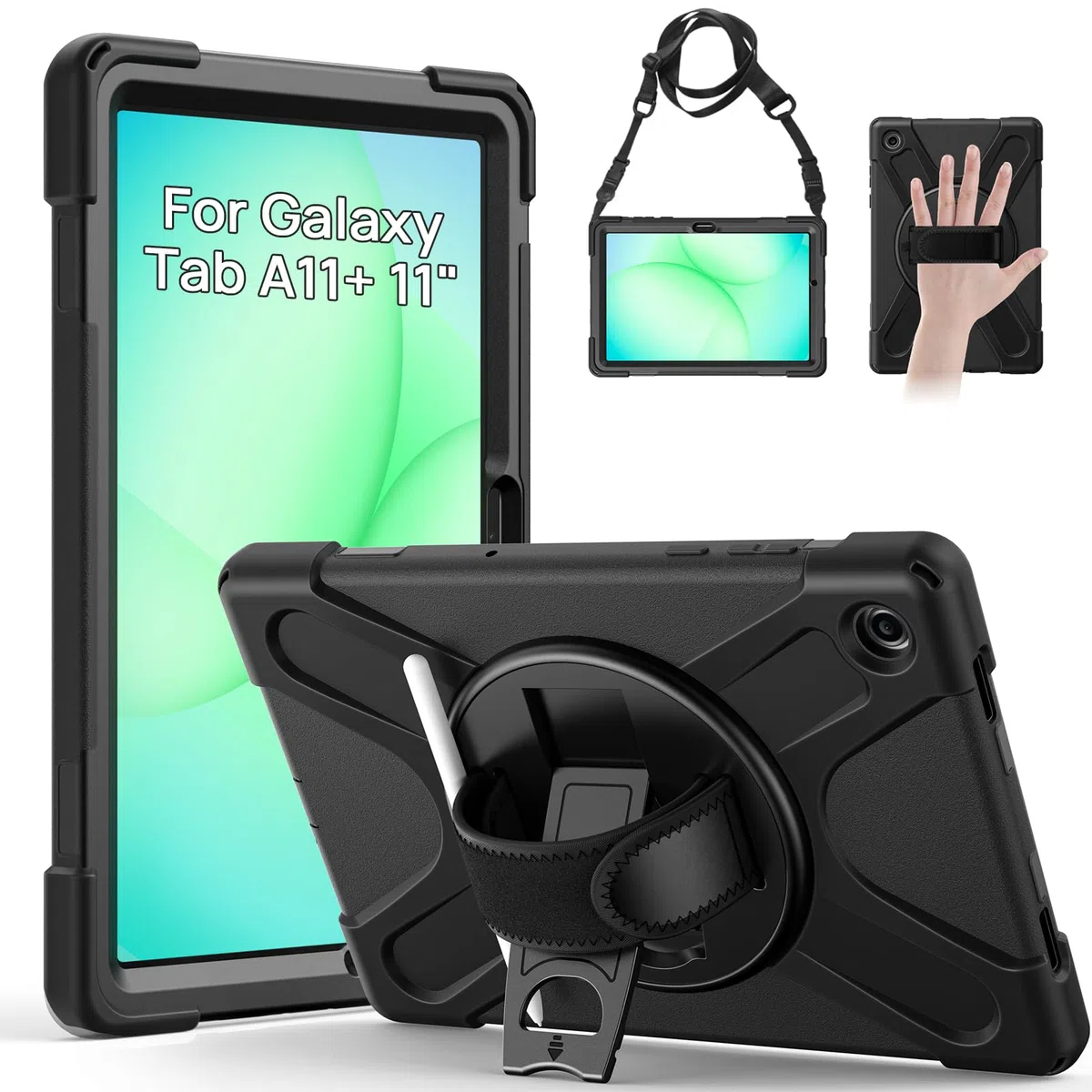 Gerutek Coque Antichoc pour Samsung Galaxy Tab A11 Plus 11" 2025, (SM-X230/X235/X236B), Étui Robuste avec Support Rotatif, Dragonne et Bandoulière, Porte-Stylo, Housse pour Galaxy Tab A11+ Plus, Noir