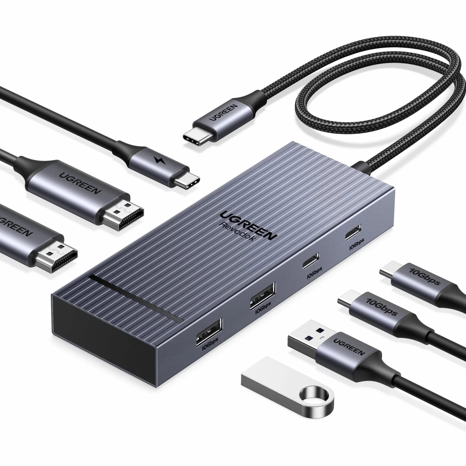 UGREEN Revodok Pro 207 Docking Station Hub USB C Dual HDMI 4K 60Hz PD 100W 7 en 1 Station Accueil Adaptateur Multiports USB 2A2C 10Gbps Extension 2 Écrans pour Windows MacOS