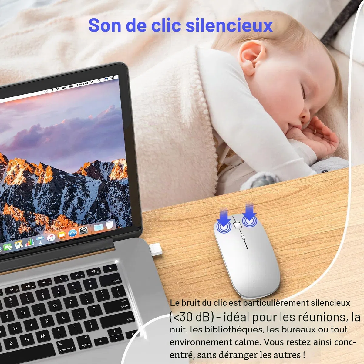 Souris Bluetooth sans Fil pour MacBook Pro/Air/Mac/iPad/Ordinateur Portable/Bureau/Mac/PC/Ordinateur/téléphone - Souris de Bureau Portable Fine et silencieuse avec Adaptateur USB-C 2,4 GHz