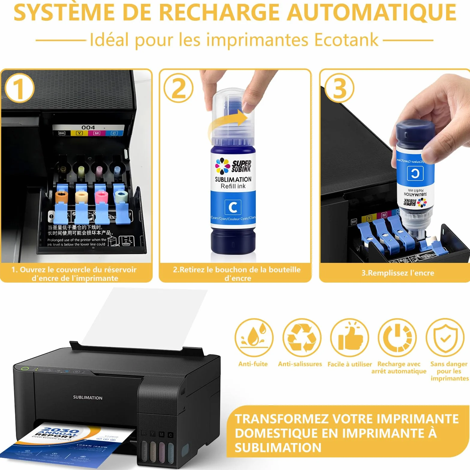 Encre de Sublimation pour Epson 2810 ET-2850 2830 2815 4810 Compatible EPSON ECOTANK imprimante (Remplissage Automatique/sans ICC/Anti-UV)