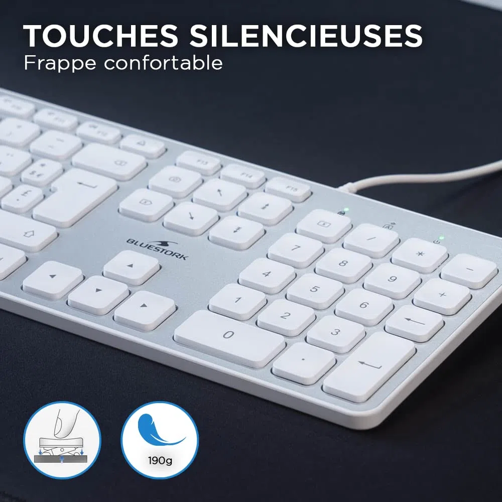 Bluestork Clavier Français AZERTY Filaire pour Mac - Touches Concaves et Silencieuses, 13 Raccourcis Multimédia, Adaptateur USB/USB-C