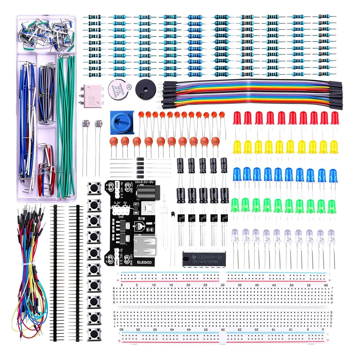 ELEGOO Kit Électronique Mis à Jour avec Module d'alimentation, Câbles Jumpers, Potentiomètre de précision, Plaque de Test 830 Points pour Mega Nano et STM32