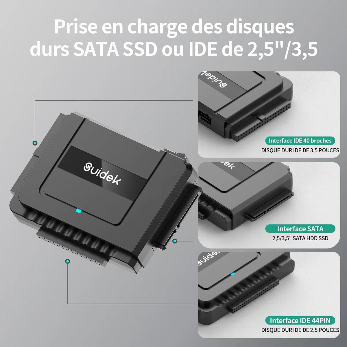 SUIDEK Convertisseur USB 3.0 vers SATA - Lecteur de Disque Dur Externe SATA vers IDE pour Disque Dur HDD/SSD 2,5"/3,5", Adaptateur IDE vers USB C Compatible avec Lecteur Optique