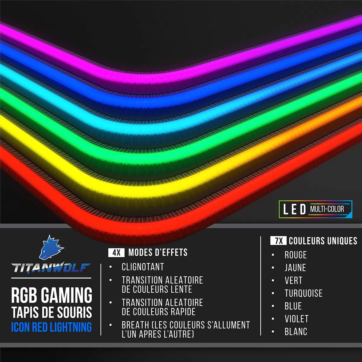 TITANWOLF - RGB Tapis de Souris Gaming XXL - LED Lumineuse Tapis de Souris Multicolore 11 Modes - 800 x 300mm - Surface antidérapante pour Les Joueurs de l’Ordinateur PC et du Mac - Noir