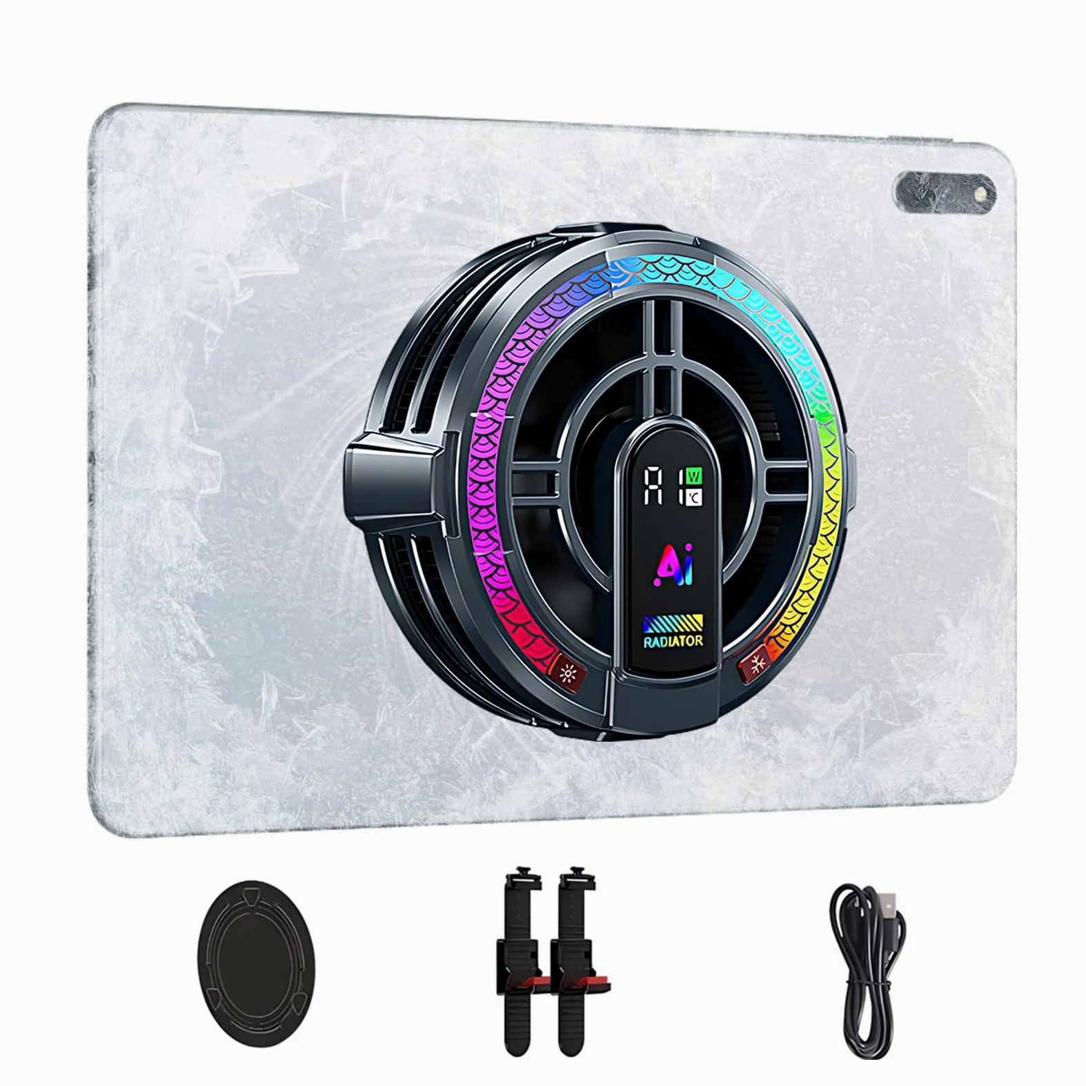 Refroidisseur de Tablette iPad Magnétiqu - 4 Modes de Refroidissement, Refroidisseur Intelligent pour Ordinateur avec Température et Puissanceet Affichage, 2 Méthodes D'installation