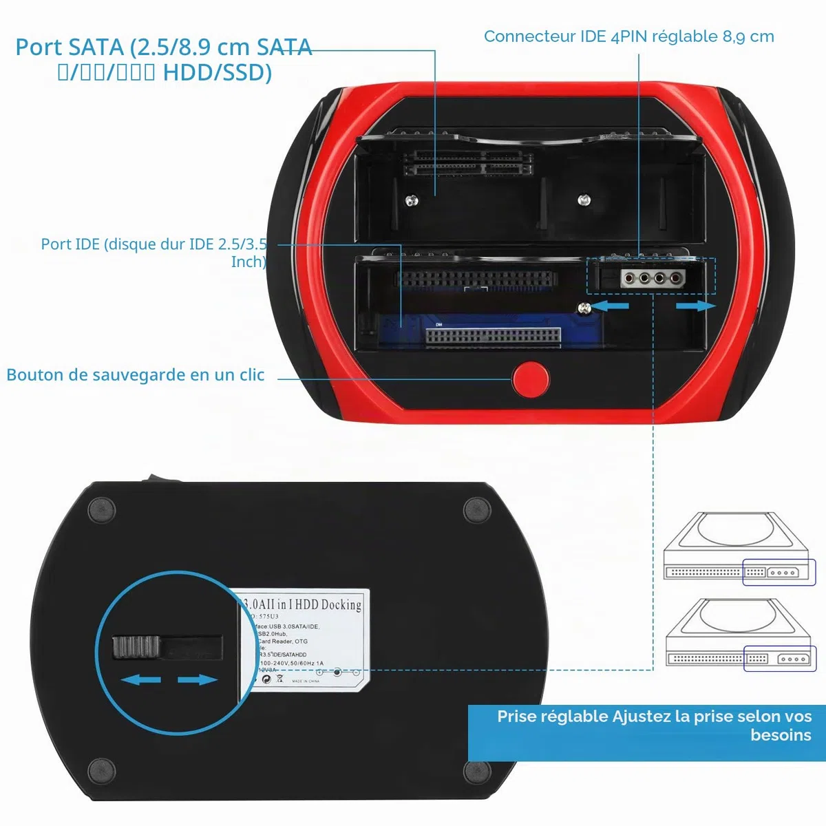 USB 2.0 Station d'accueil pour Disque Dur, TCC-S867-DE USB 2.0 à SATA IDE Dual Slots Boîtier de Disque Dur Externe, pour 2.5 "3.5" SSD IDE SATA I/II/III HDD