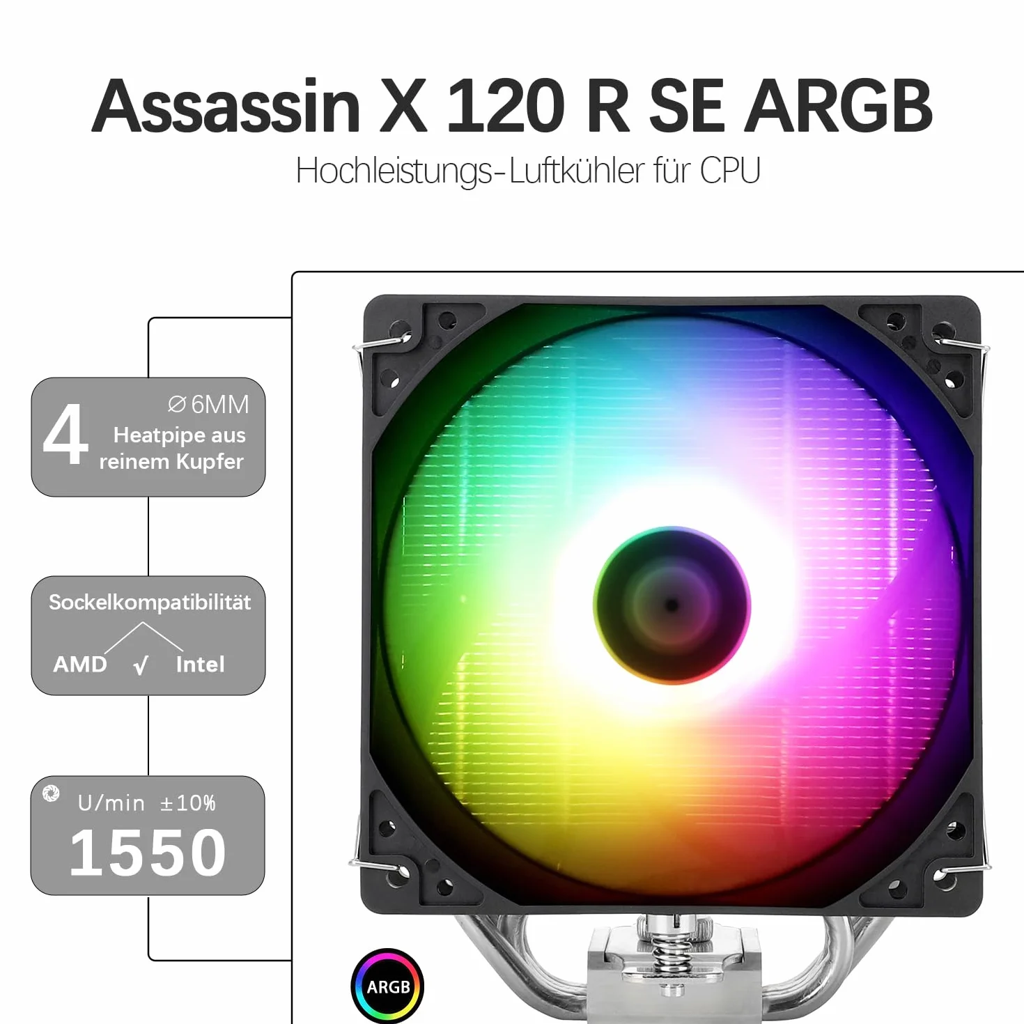 TR-Thermalright Assassin X 120R SE ARGB Refroidisseur de CPU - 4 Caloducs, Ventilateur Silencieux 120 mm, pour AMD AM4/AM5, Intel LGA1851/1700/115x/1200, Refroidisseur pour PC
