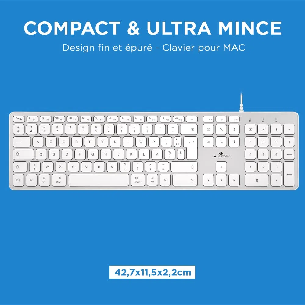 Bluestork Clavier Français AZERTY Filaire pour Mac - Touches Concaves et Silencieuses, 13 Raccourcis Multimédia, Adaptateur USB/USB-C