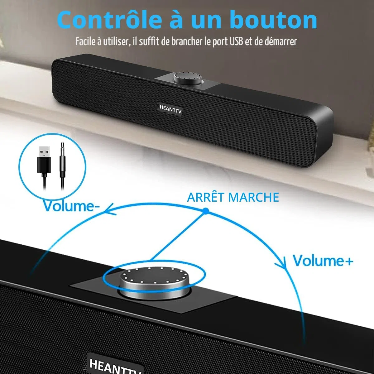 Haut-Parleurs PC, Enceintes d'Ordinateur USB 2.0 2 * 3W 3,5mm Barre de Son PC Filaire Alimenté avec 2 Diaphragmes Portatifs Stéréo 3D, Barre Audio pour Bureau Carnet Laptop, Plug and Play