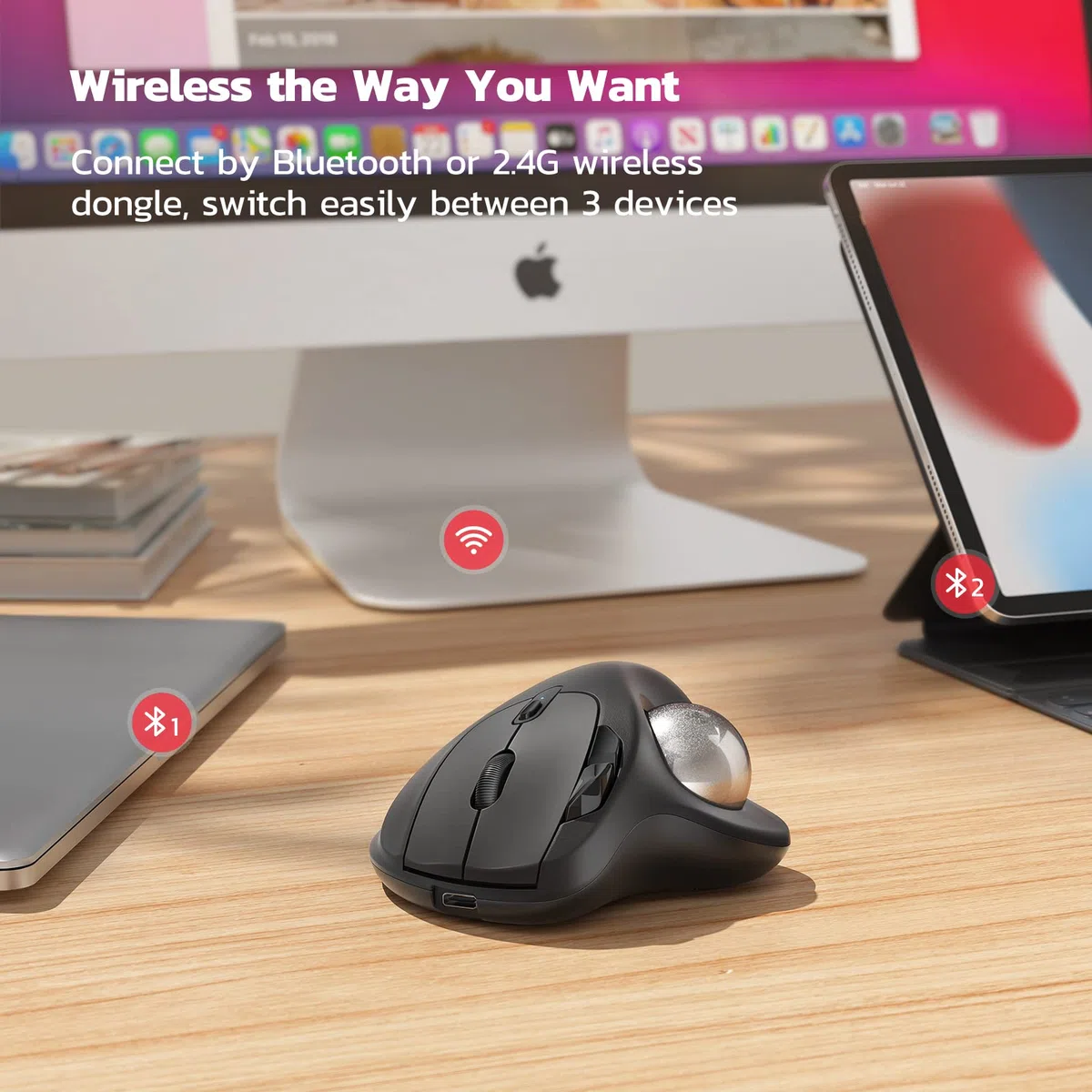 Nulea Trackball ergonomique rechargeable M501 – Commande par le pouce, précise, 3 appareils (Bluetooth/USB), compatible avec PC, ordinateur portable, Mac, Windows (Argent vif)