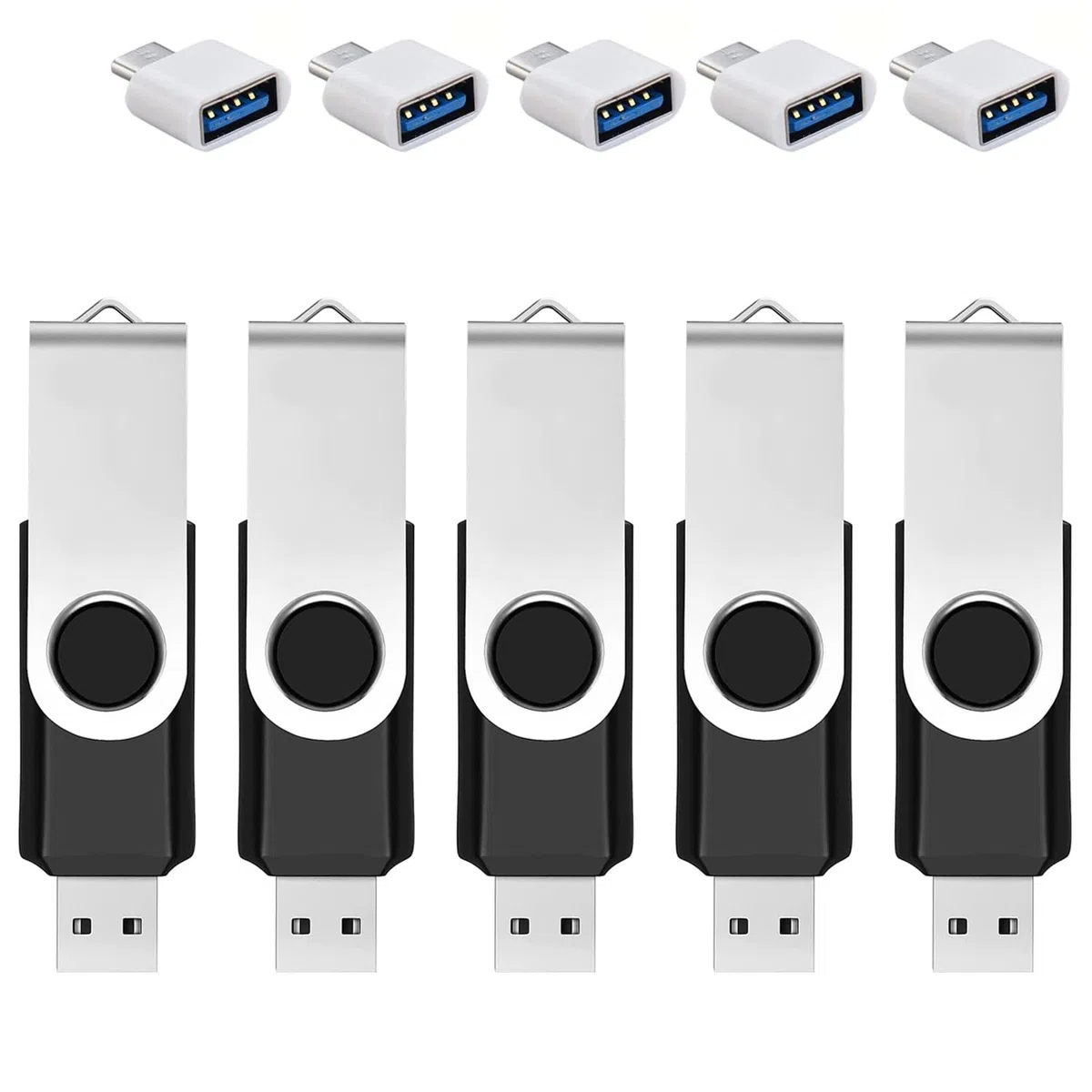 Pack de 5 Clés USB 32 Go avec Adaptateur Type-C & Boîte de Rangement, Clé USB 2.0, Clé de Stockage Rotatif à 360° pour Téléphone/Tablette/PC/Ordinateur Portable/Android - Noir (Pack de 5 Clés 32 Go)