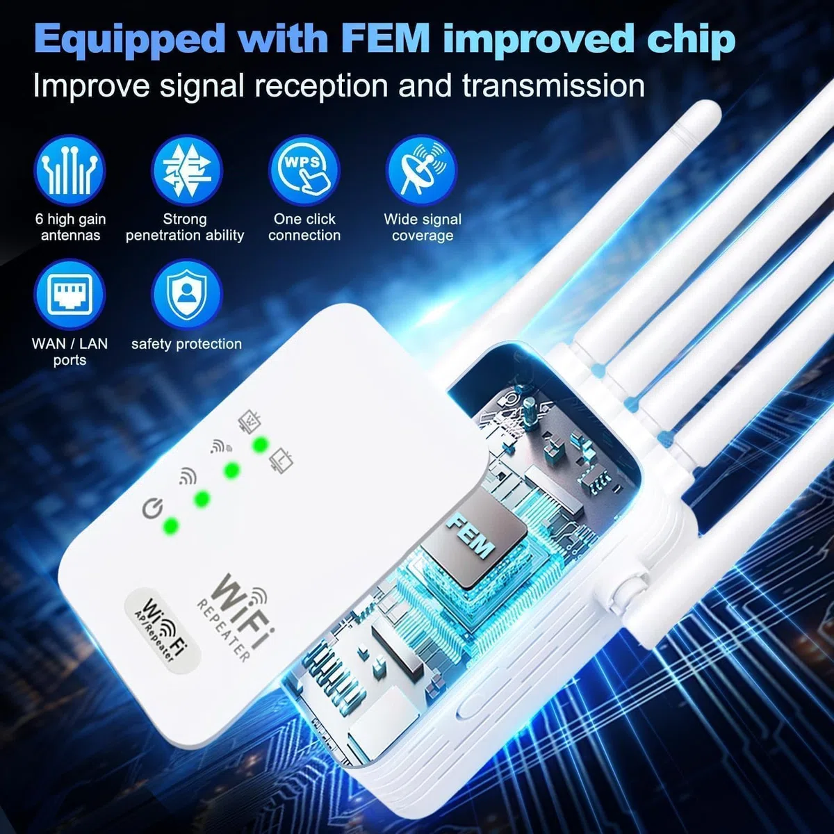 Répéteur WiFi Puissant, Amplificateur WiFi,Repeteur WiFi avec 6 Antennes Couvrant Une superficie de 10,000 m²,2 Ports LAN,pour la Maison et Le Bureau(Blanc)