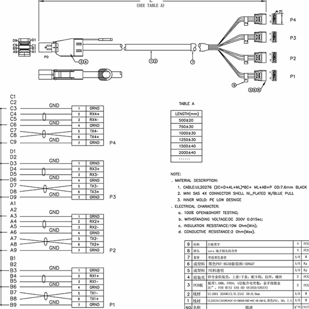 JMT Mini SAS HD SFF-8644 avec IC vers 4 x SATA 7P connecteur droit pour disque dur (SFF-8644 vers 4 x SATA, 100 cm)