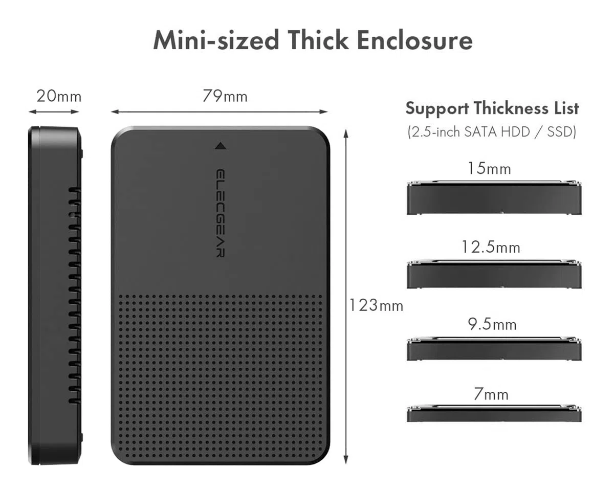 ElecGear USB C 3.1 Gen2 Boîtier Externe pour Disque Dur 2.5'' Pouces de 7mm à 15mm, Adaptateur Case Caddy pour SATA Hard Drive SSD et HDD, Type-A Câble avec USB Type-C Convertisseur