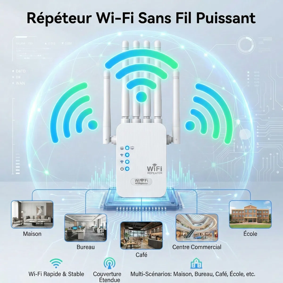 Repeteur WiFi Puissant Amplificateur WiFi de dernière Technologie avec 6 2 Ports LAN antennes Couvrant Une superficie de1000 m²,Mur épais Compatible pour la Maison et Le Bureau