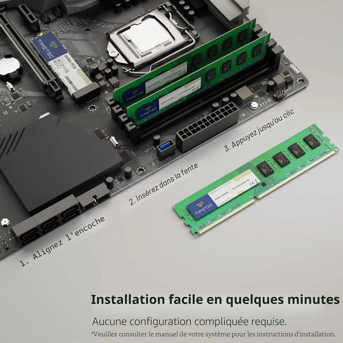 Timetec 8 Go DDR3L/DDR3 1600MHz PC3L-12800/PC3-12800 (PC3-12800U) Non-ECC sans Tampon 1.5V CL11 2Rx8 Double Rang 240 Broches UDIMM Ordinateur de Bureau mémoire RAM Module Mise à Niveau