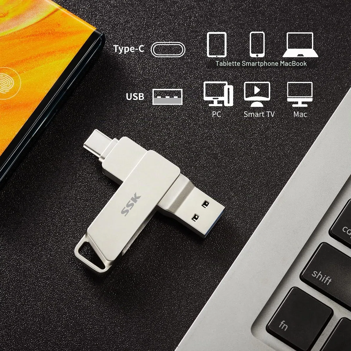 SSK 128 Go Double Cle USB 3.2 Type-C jusqu'à 200 Mo/s, Clé USB-C Flash Drive Pivotant Conception, Clef USB pour iPhone15/16 Pro/Android Smartphone/Tablettes/Mac/PC et Plus