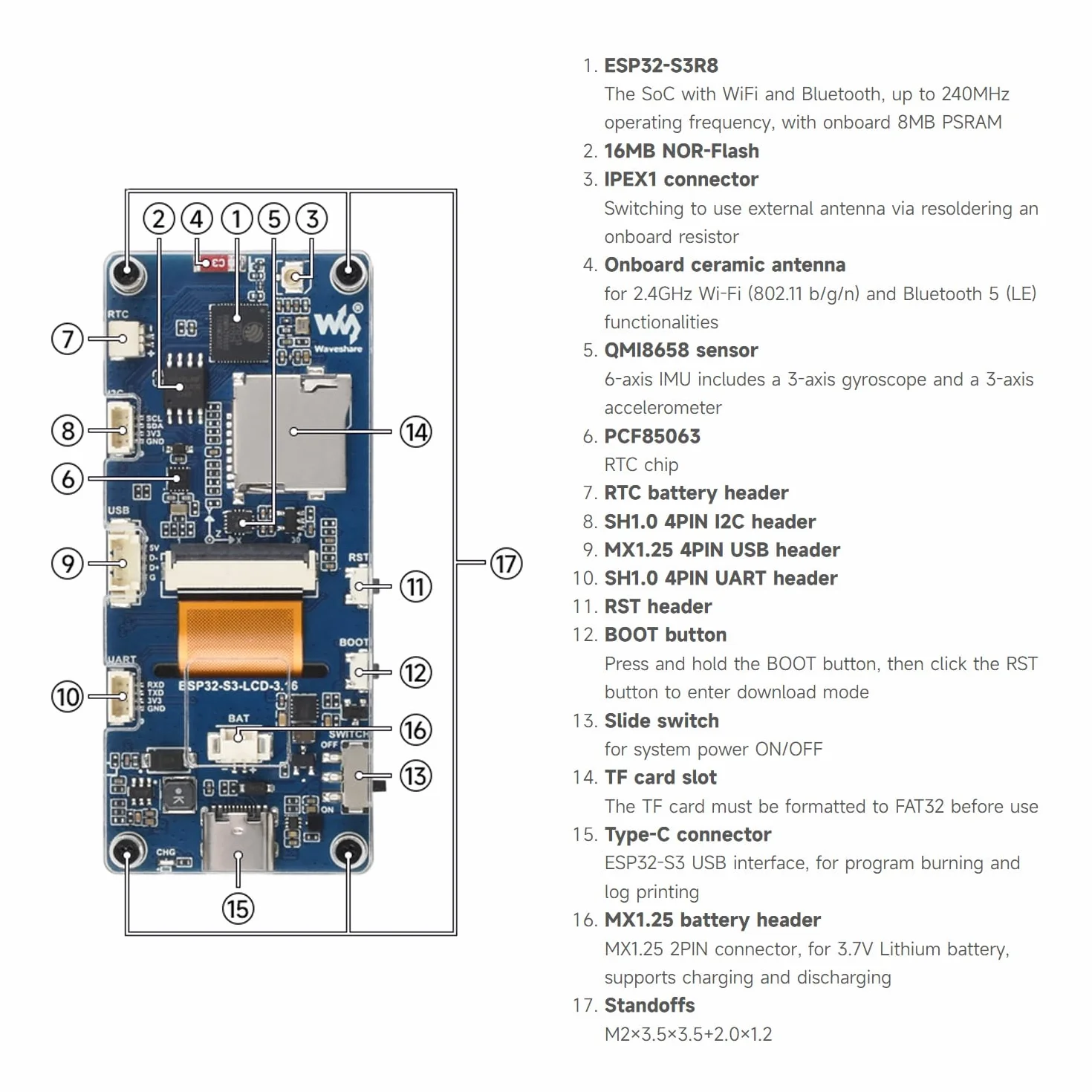 Waveshare ESP32-S3 3.16inch Display Development Board, 320x820 Pixels, 262K Color, 32-bit LX7 Dual-Core Processor, Up to 240MHz Frequency, WiFi & BT 5, Accelerometer and Gyroscope Sensor
