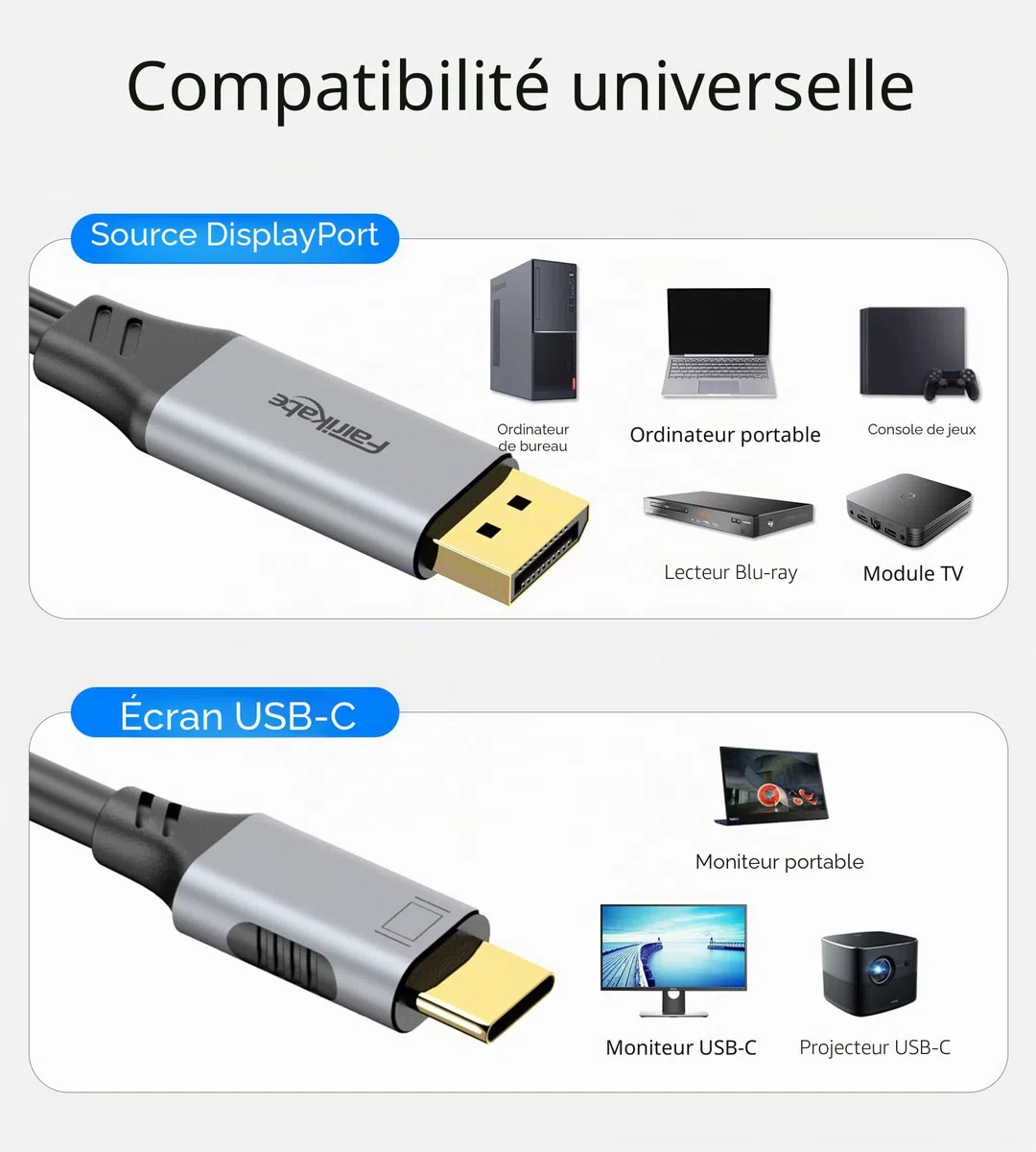 Câble DisplayPort vers USB-C 4K60 Hz, 2 m, Convertisseur DP Mâle vers Type-C pour Moniteur Portable Tactile, Compatible MacBook Pro/Air, iMac