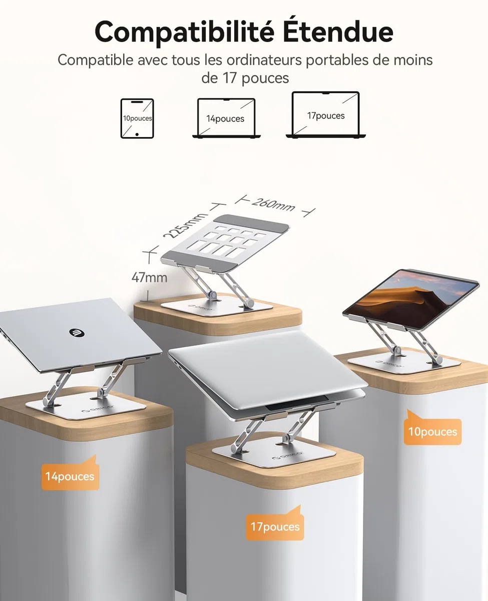ORICO Support Ordinateur Portable Réglable en Hauteur, Support PC Portable Pliable en Aluminium, Support Ergonomique Ventilé pour Bureau, Compatible MacBook Air/Pro et Laptops 10-17"- ST11, Argent