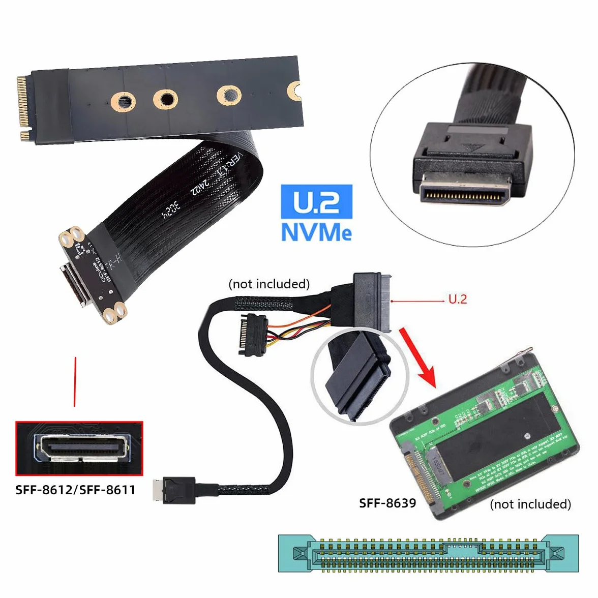 Câble hôte 2280 NGFF PCI-E4.0 M.2 M-key vers Oculink SFF-8612 SFF-8611 15 cm pour NVME U.2 SSD Egpu