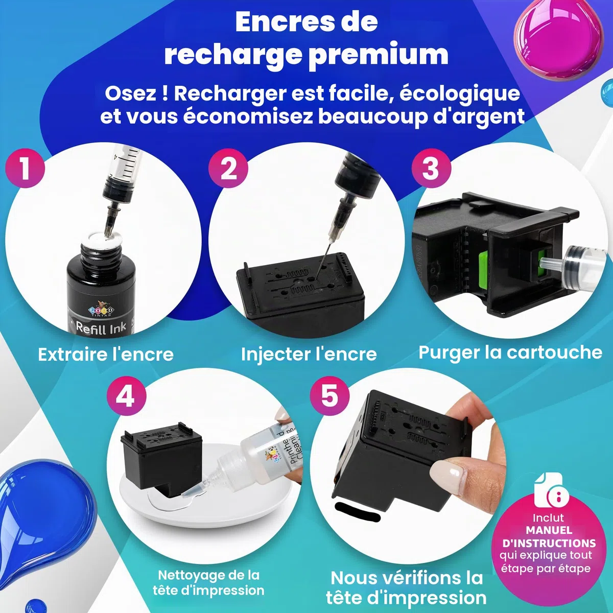 Kit de recharge d'encre compatible pour cartouches d'encre HP 307XL 305XL 304XL 303XL 302XL 301XL 300 301 302 303 304 305 21 22 62 Comprend 500 ml Encres+ Accessoires+ 50 ml Nettoyer les