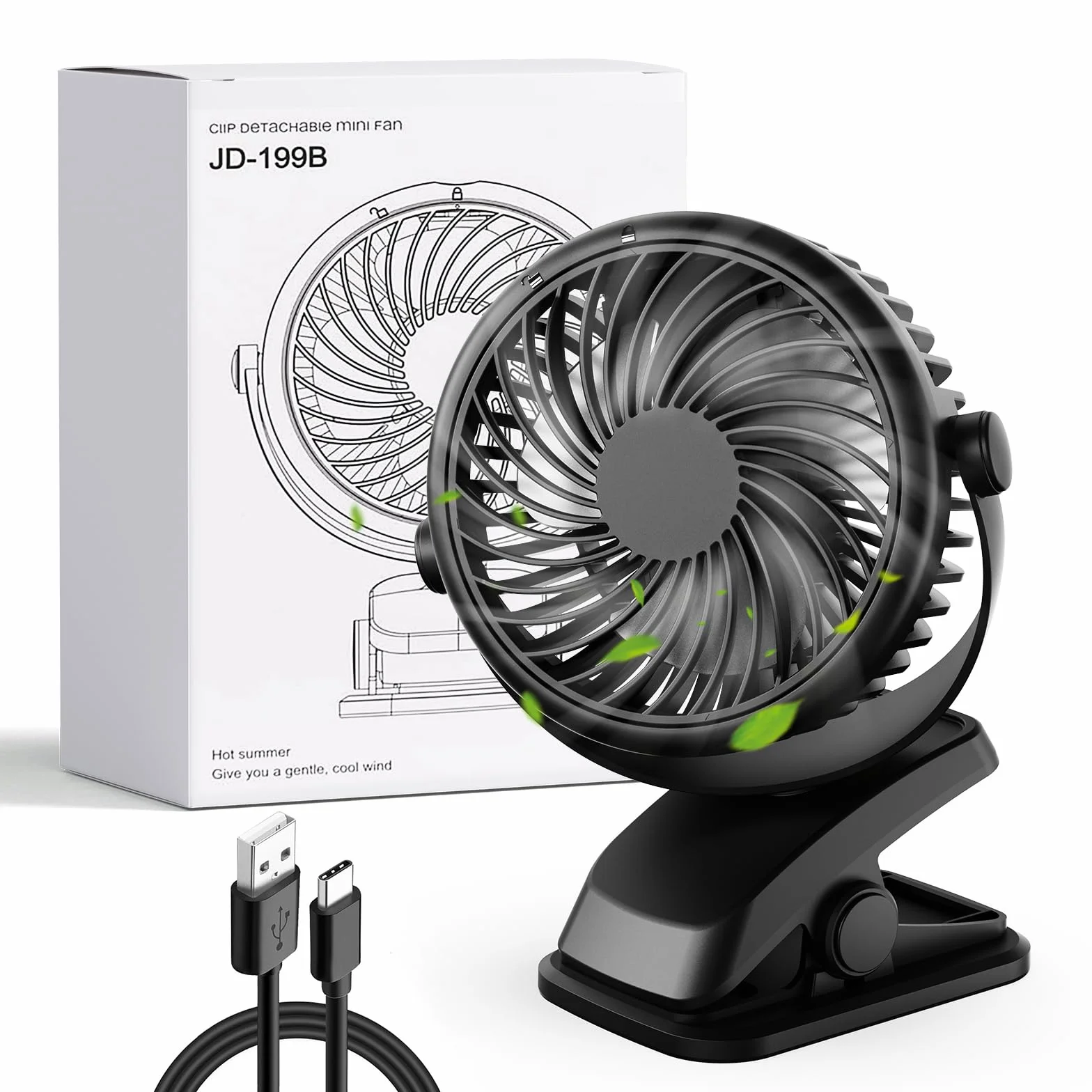 Mini Ventilateur Pince Silencieux, USB C Ventilateur Portable, Petit Ventilateur Bureau 3 Vitesses, Rechargeable Batterie Ventilateur de Table pour Chambre Poussette Camping Voiture Voyage