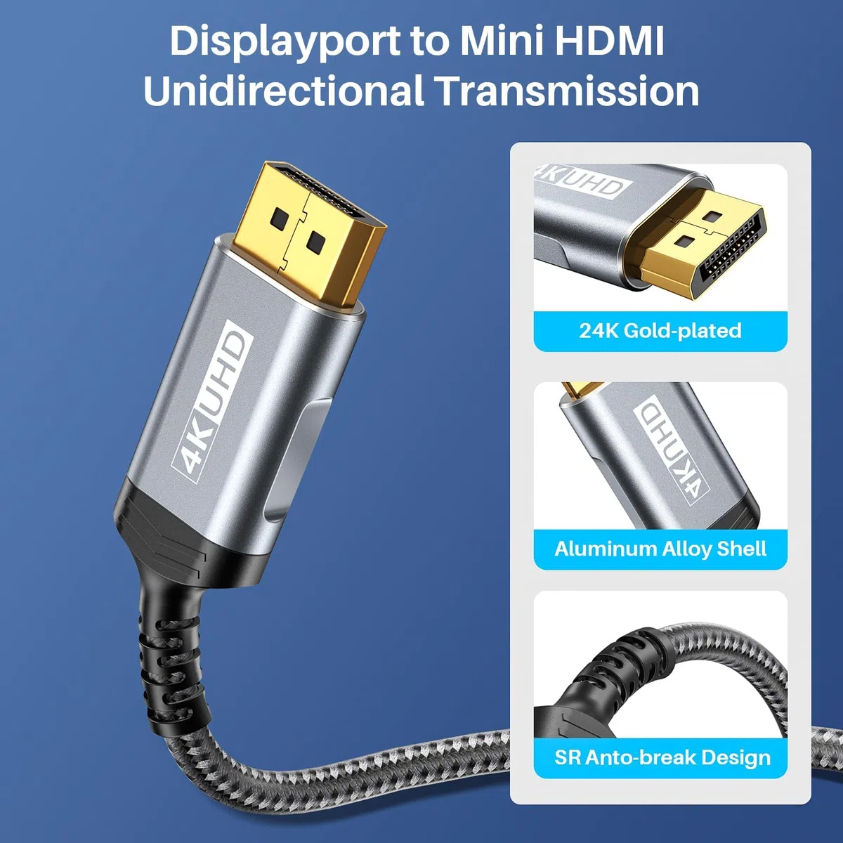 ZeroneTeck Câble DisplayPort vers Mini HDMI unidirectionnel 1M, 4K@60Hz UHD, compatible avec ordinateurs, moniteurs, Ecran Portable, AMD, NVIDIA, ARZOPA, projecteurs, mini PC. Câble nylon anti-flexion