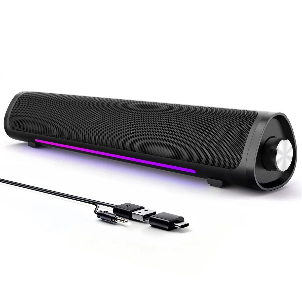 Enceintes d'Ordinateur de Bureau et Gaming, Barre de Son, Plug and Play – Alimentation USB d'Audio 3,5 mm, Éclairage RVB Dégradé, Commande à un Bouton, pour PC/Portable/Moniteur (USB et 3,5 mm)