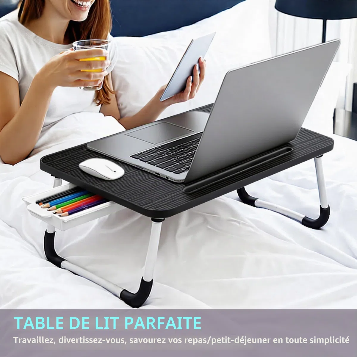 Small Bureau de lit pour Ordinateur Portable, 48 X30 CM Plateau Repas pour Petit-déjeuner au, Travail et Étude, Bureau à Domicile, Support pour canapé lit (Small Black 48x30)