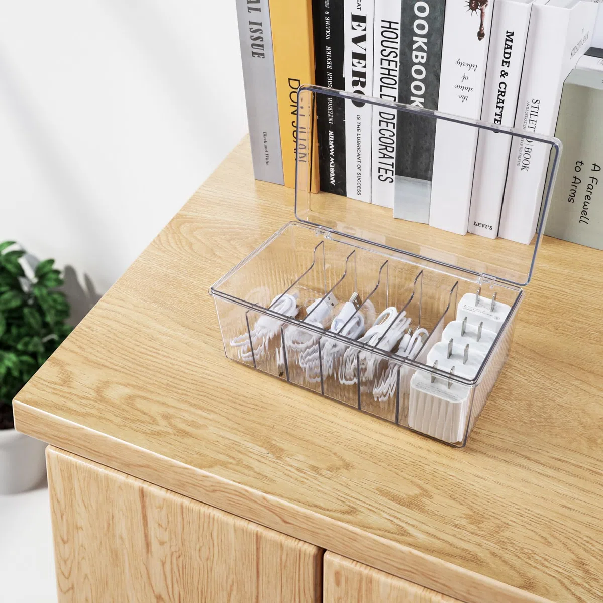 Boîte de Rangement pour Câbles (2 pièces), Boîte de Rangement pour Câbles à 6 Compartiments, Boîte de Gestion des Câbles avec Rouleau de Serre-Câbles pour Le Rangement sur Bureau, Bureau