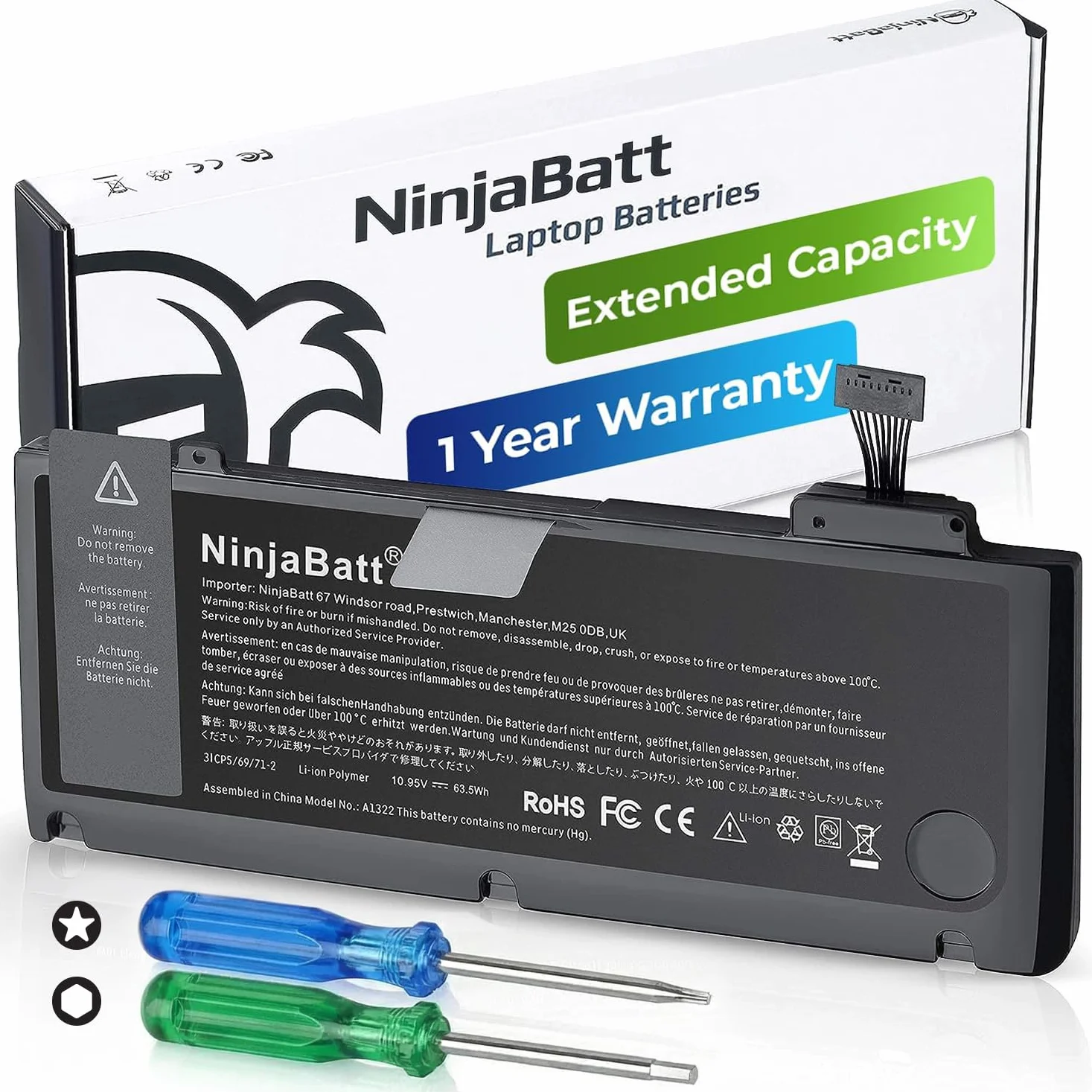 Batterie NinjaBatt A1322 A1278 pour Apple MacBook Pro 13" [Mi-2012 2010 2009 Début 2011 Fin 2011] - Haute capacité [63,5 Wh/10,95 V]