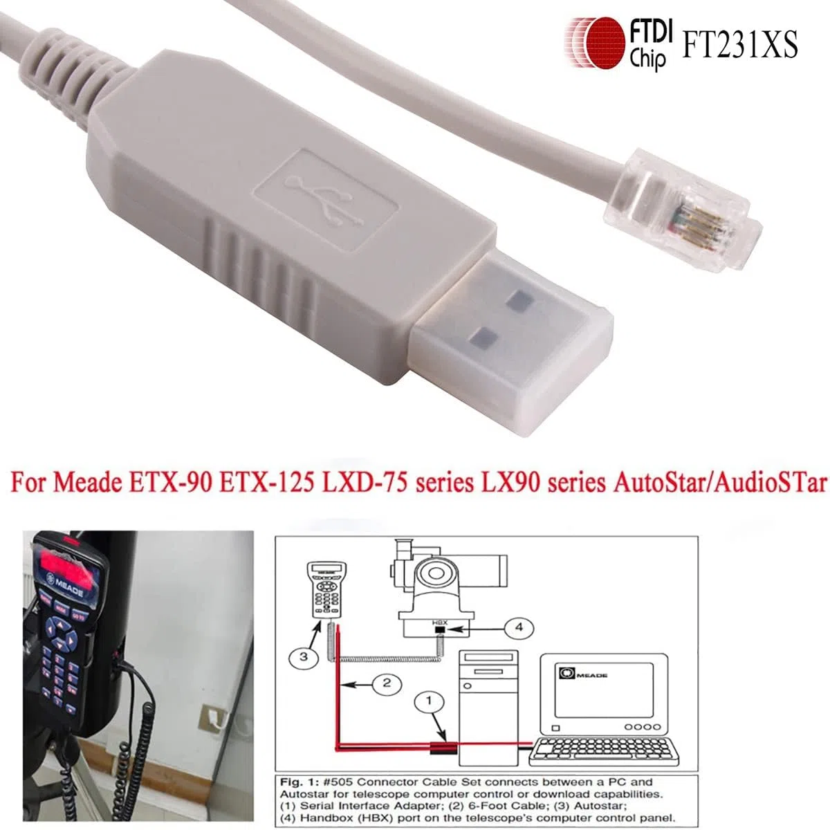 Autostar Audiostar RS232 Câble de mise à niveau USB vers RJ9 pour télescopes Meade #505 ETX127 ETX125 ETX-90 LXD75 LX80 LX90 LX65 Longueur : 4,8 m