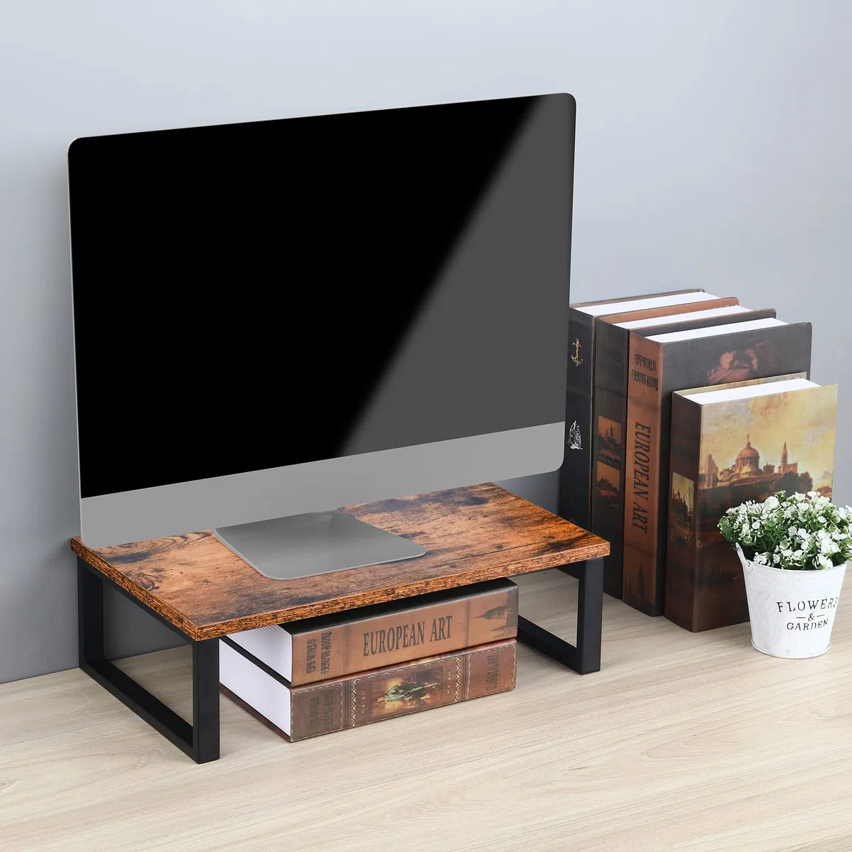 Lot de 2 supports de moniteur en bois pour ordinateur de bureau, étagère de rangement industrielle pour écran, imprimante, ordinateur portable, MacBook, ordinateur portable, PC (marron foncé)